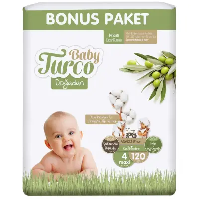 Baby Turco Doğadan Bebek Bezi 4 Numara Maxi 120 Adet Bonus Paket 