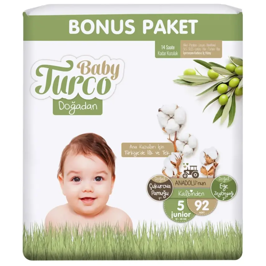 Baby Turco Doğadan Bebek Bezi 5 Beden Junior 92 Adet Bonus Paket  - 3