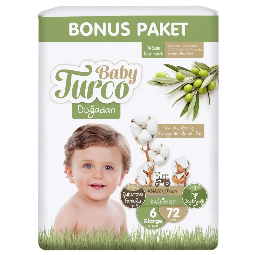 Baby Turco Doğadan Bebek Bezi 6 Beden Xlarge72 Adet Bonus Paket  - 1