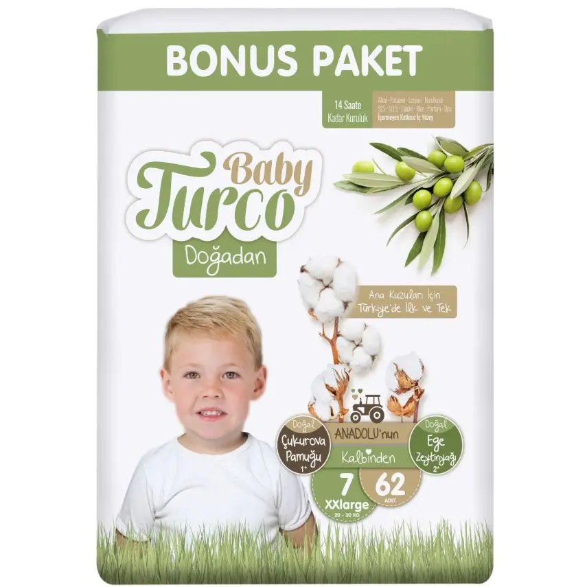 Baby Turco Doğadan Bebek Bezi 7 Beden XXL 62 Adet Bonus Paket - 1