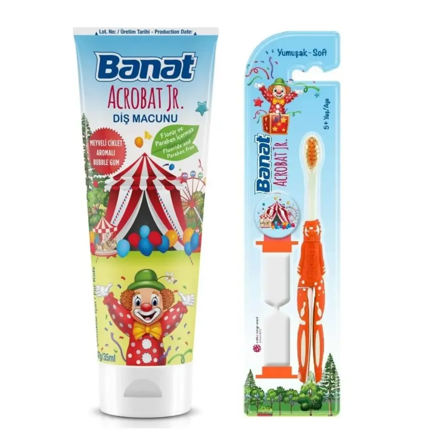 Banat Acrobat Jr Çocuk Diş Macunu 35 ml,Çocuk Diş Fırçası Kum Saatli Soft Acrobat Jr. 5+ Yaş - 1