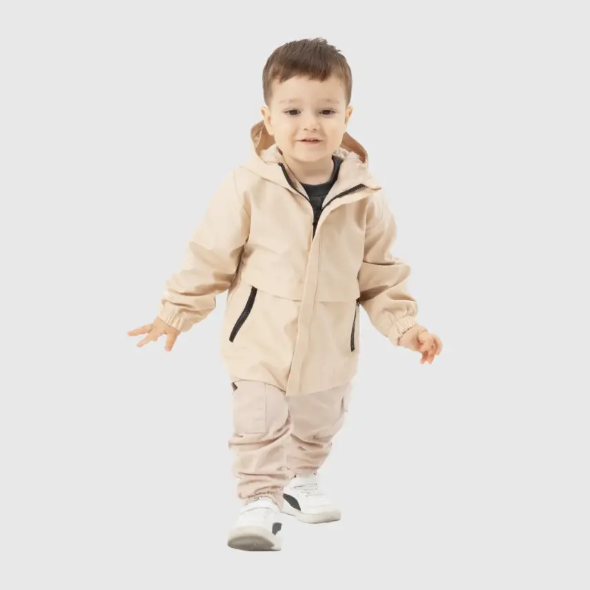 Bebolly Erkek Bebek Kapüşonlu Fermuarlı Cepli Yağmurluk Bej - 4