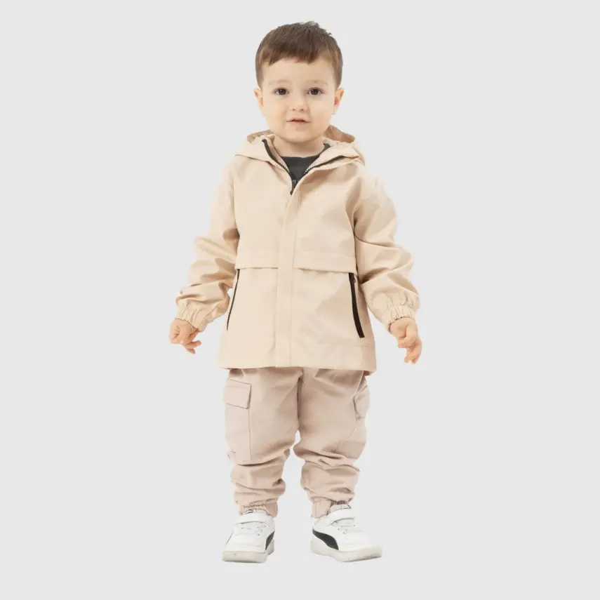 Bebolly Erkek Bebek Kapüşonlu Fermuarlı Cepli Yağmurluk Bej - 5