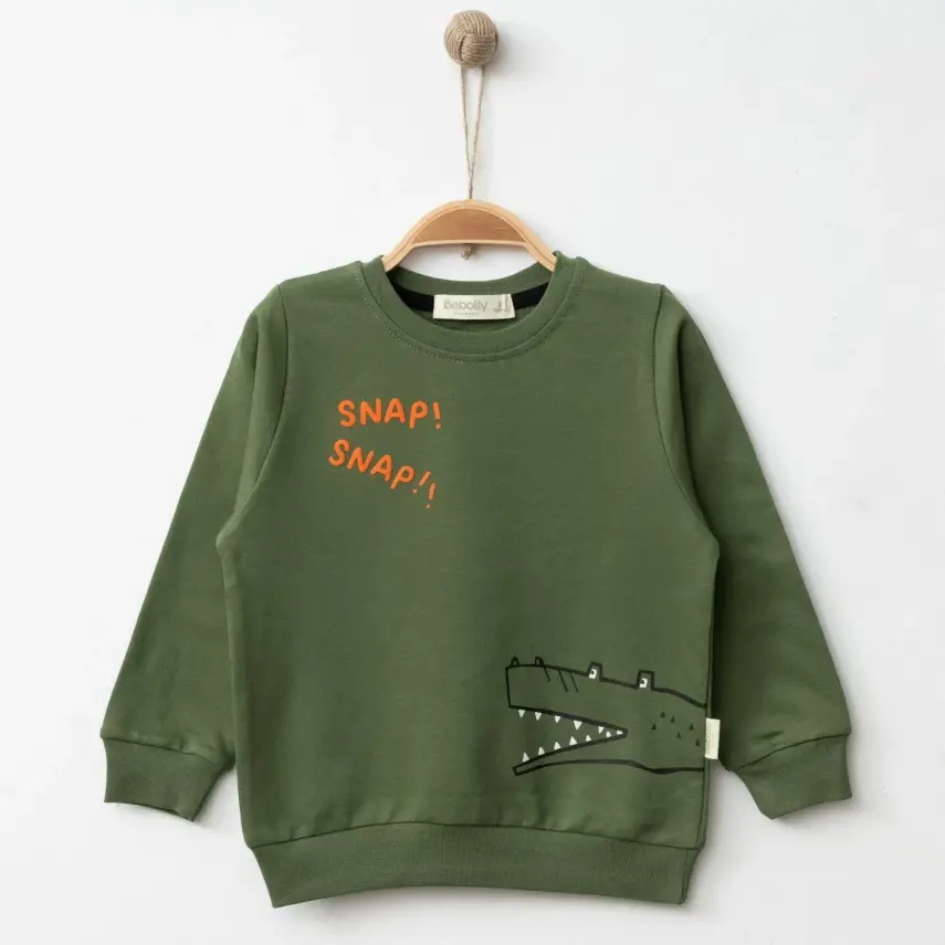 Bebolly Erkek Sweatshirt Snap Baskılı Haki - 3