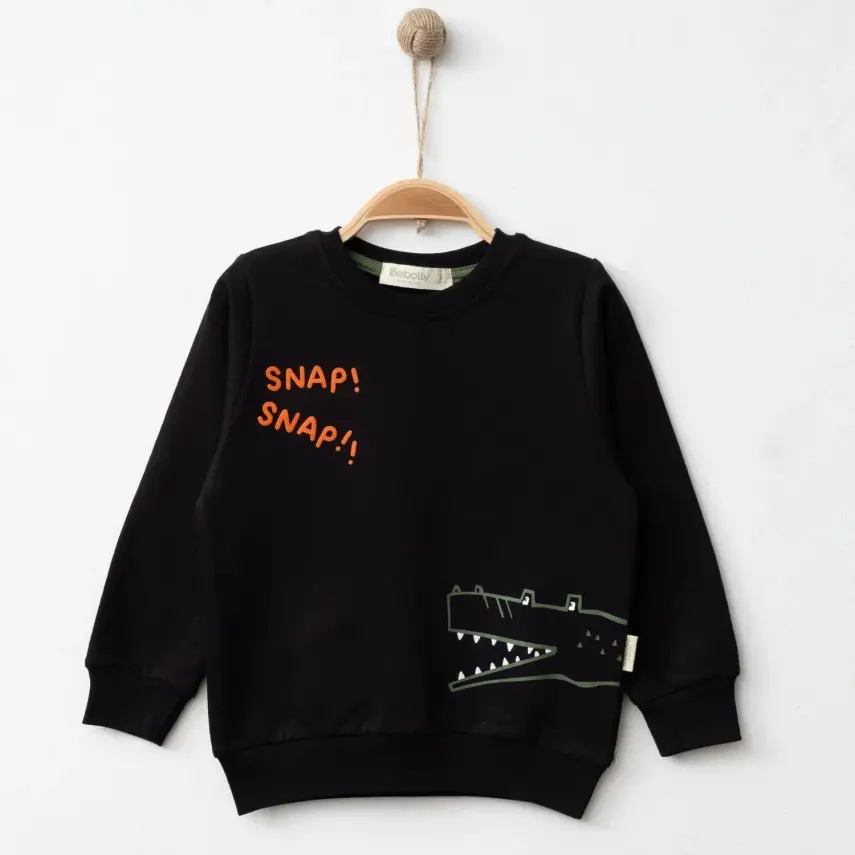 Bebolly Erkek Sweatshirt Snap Baskılı Siyah - 1