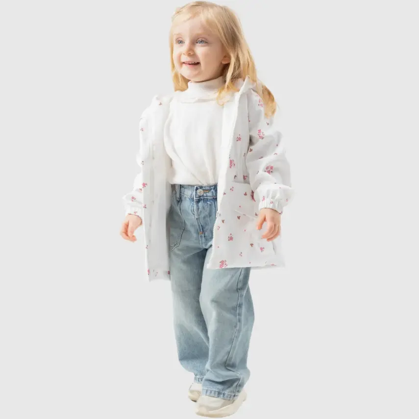 Bebolly Kız Bebek Kapüşonlu Cepli Yağmurluk Çiçekli Ekru - 1