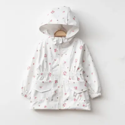 Bebolly Kız Bebek Kapüşonlu Cepli Yağmurluk Çiçekli Ekru - 7