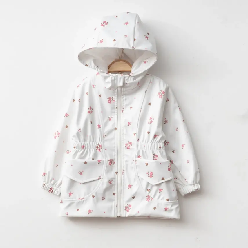 Bebolly Kız Bebek Kapüşonlu Cepli Yağmurluk Çiçekli Ekru - 7