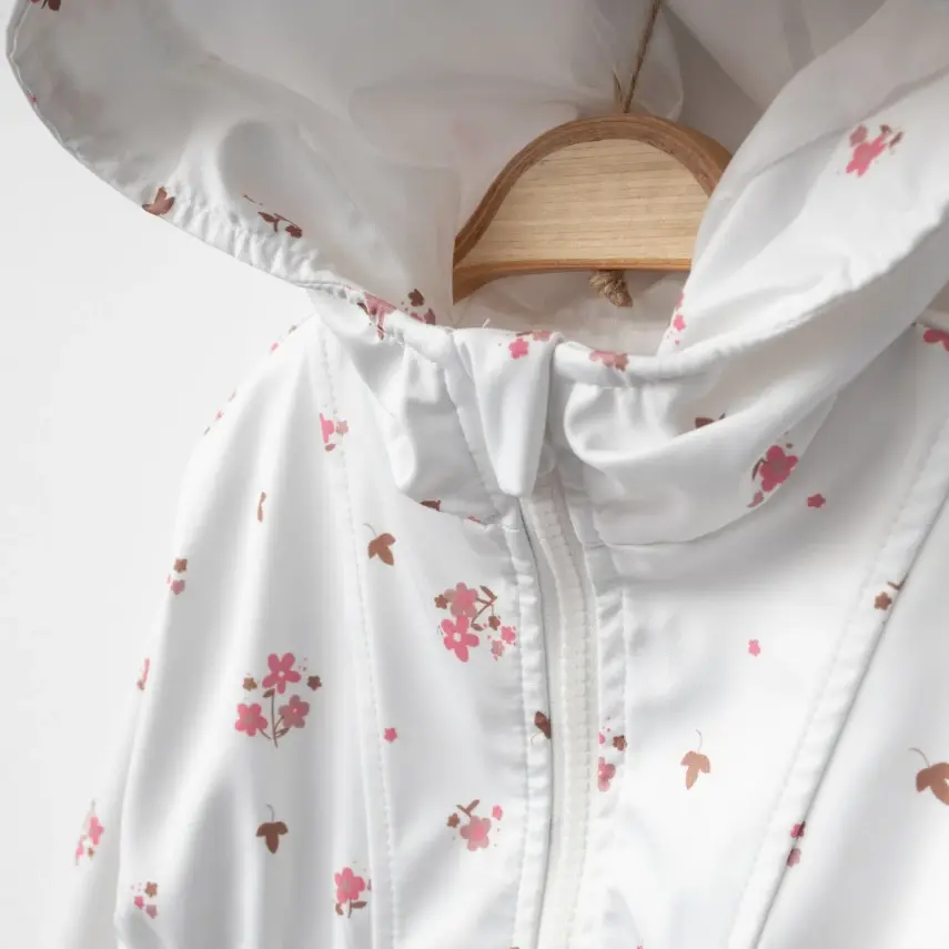 Bebolly Kız Bebek Kapüşonlu Cepli Yağmurluk Çiçekli Ekru - 12