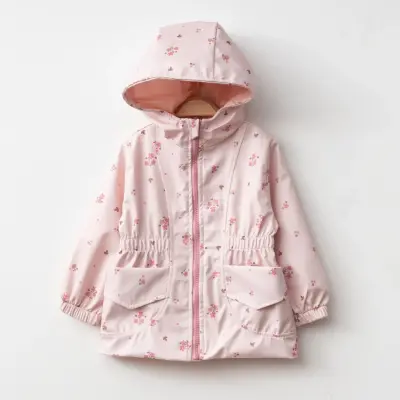 Bebolly Kız Bebek Kapüşonlu Cepli Yağmurluk Çiçekli Pudra - 2