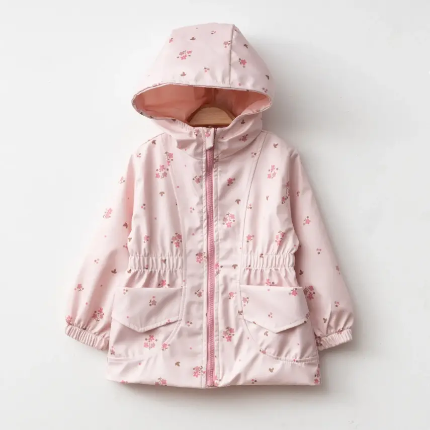 Bebolly Kız Bebek Kapüşonlu Cepli Yağmurluk Çiçekli Pudra - 6