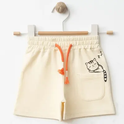 Bebolly Kız Şort Uykucu Kedi Baskılı Bej