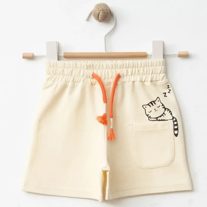 Bebolly Kız Şort Uykucu Kedi Baskılı Bej - 1