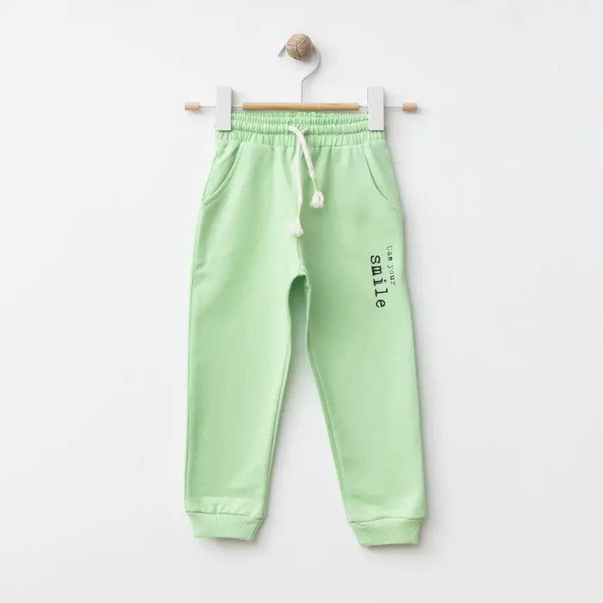 Bebolly Smile Baskılı Boyalı Çocuk Eşofman Altı Unisex Fıstık Yeşili - 1