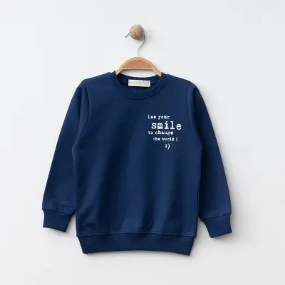 Bebolly Smile Baskılı Boyalı Erkek Çocuk Sweatshirt Lacivert - 4