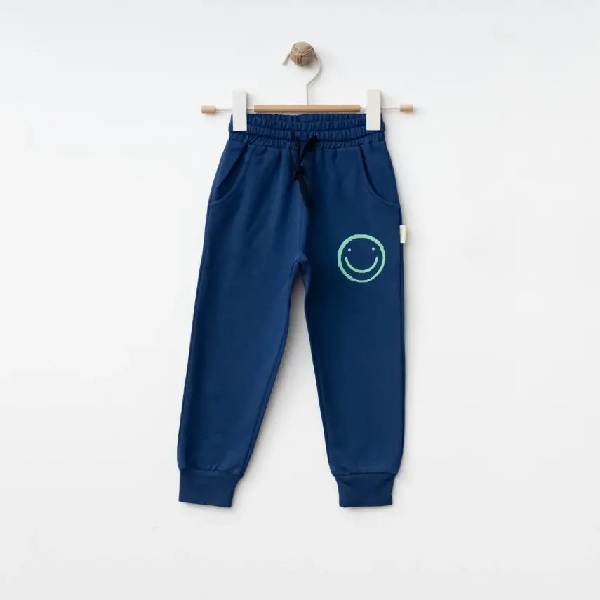 Bebolly Unisex Eşofman Altı Gülenyüz Baskılı Lacivert - 1