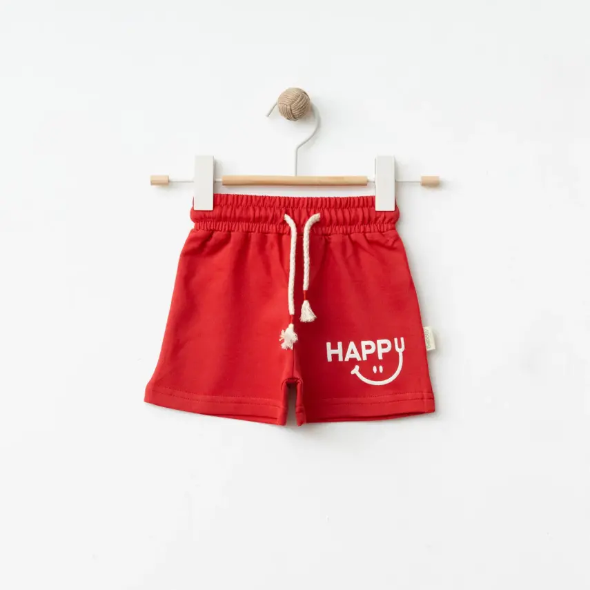 Bebolly Unisex Şort Happy Baskılı Kırmızı - 1