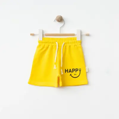 Bebolly Unisex Şort Happy Baskılı Sarı