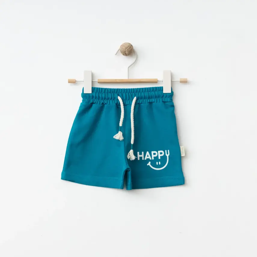 Bebolly Unisex Şort Happy Baskılı Turkuaz - 1