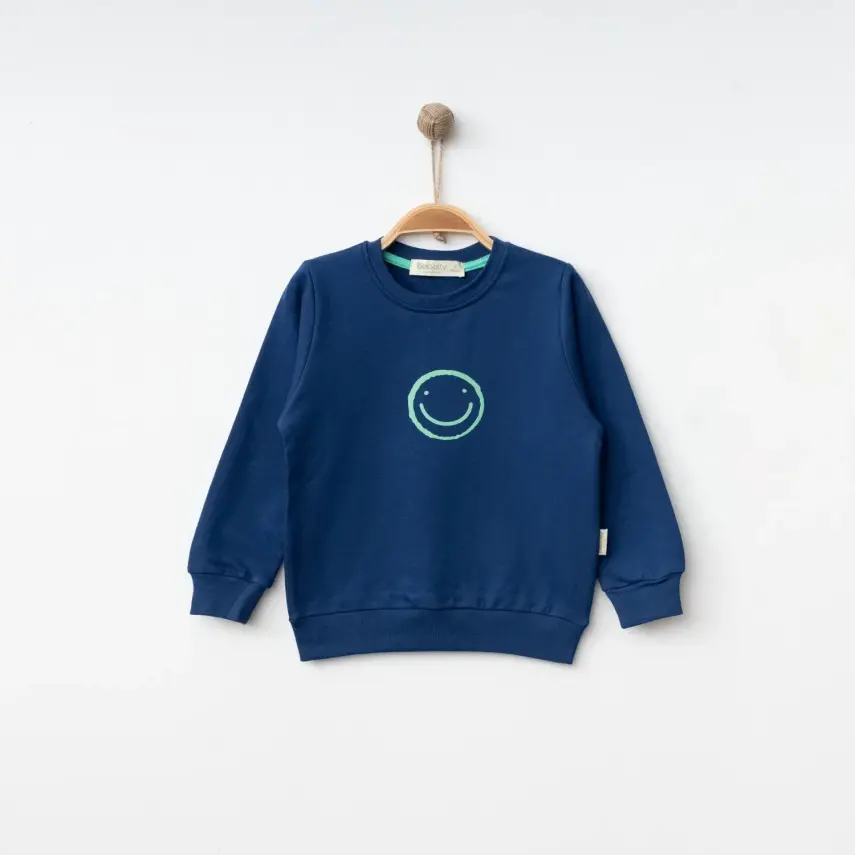 Bebolly Unisex Sweatshirt Gülenyüz Baskılı Lacivert - 4