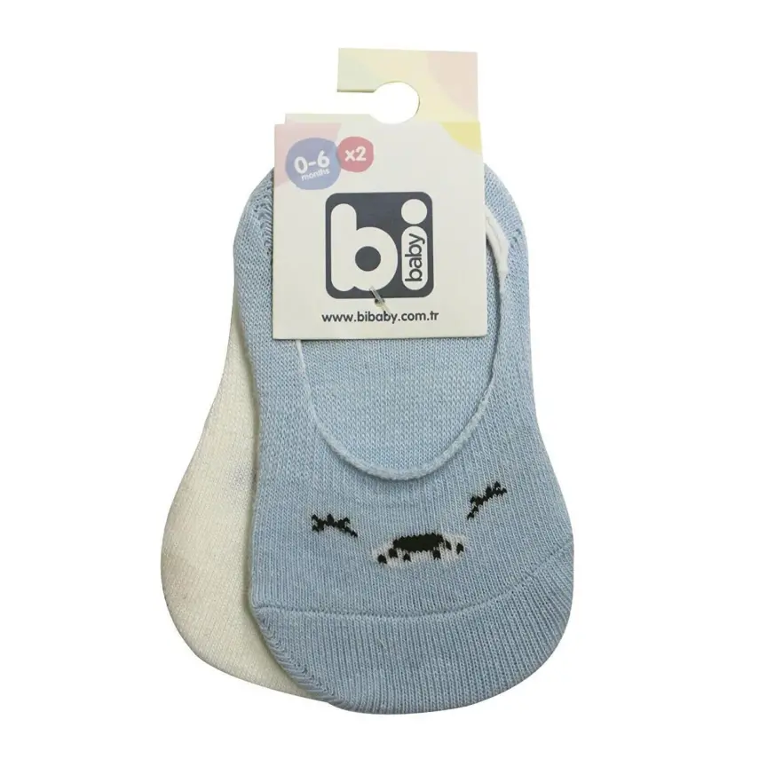 Bibaby Erkek Babet Çorap 2li Cute Face Mavi - Ekru - 2