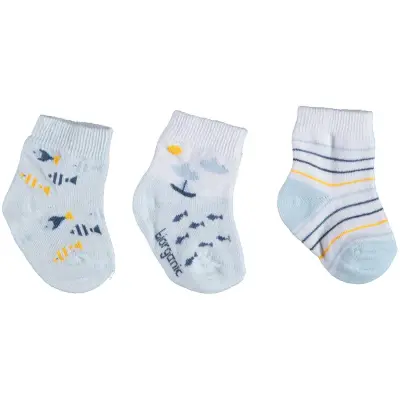 Bibaby Erkek Organik Çorap Soket 3lü Happy Fish Ekru 