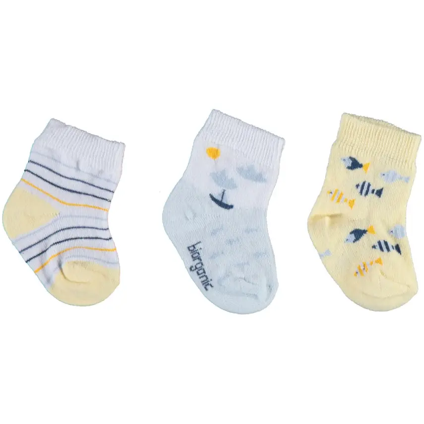 Bibaby Erkek Organik Çorap Soket 3lü Happy Fish Sarı - 1