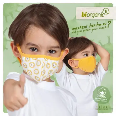 Bibaby Erkek Organik Maske 2li Aslanlı Beyaz - Hardal