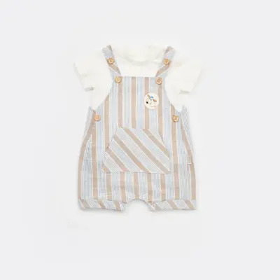 Bibaby Erkek Salopet Tulum Stripe Sytle Bej - Mavi