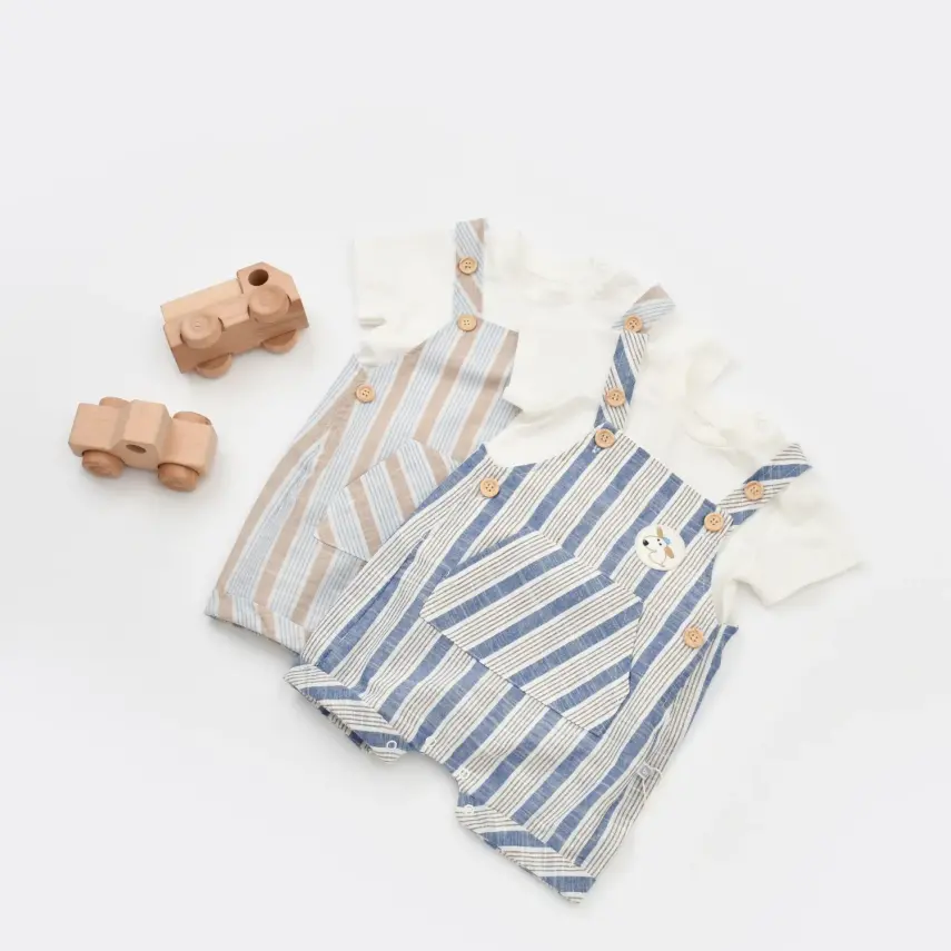 Bibaby Erkek Salopet Tulum Stripe Sytle Bej - Mavi - 11