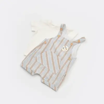 Bibaby Erkek Salopet Tulum Stripe Sytle Bej - Mavi - 3