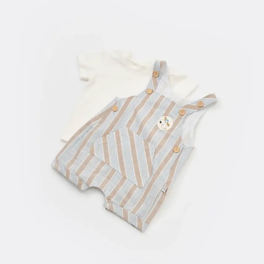 Bibaby Erkek Salopet Tulum Stripe Sytle Bej - Mavi - 3