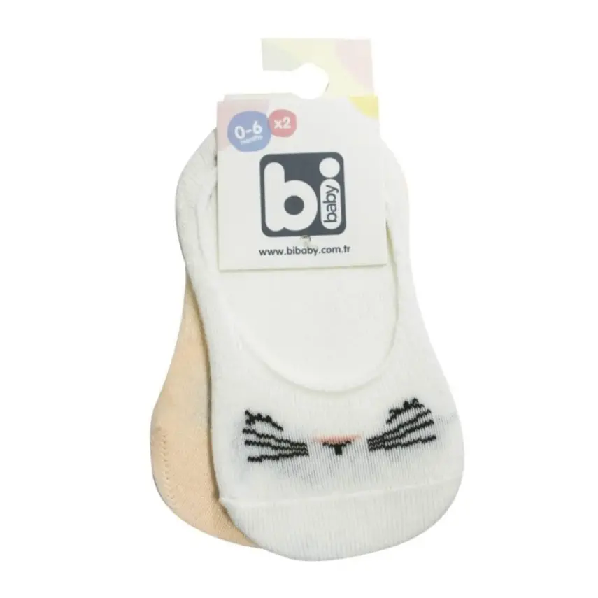 Bibaby Kız Babet Çorap 2li Cute Face Somon - Ekru - 1