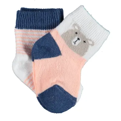 Bibaby Kız Organik Çorap Soket 2li Hello Teddy Bear Ekru - Somon - 2