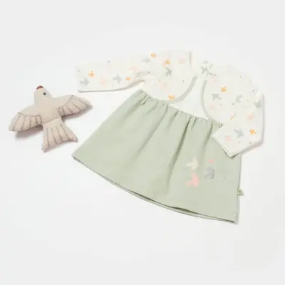 Bibaby Kız Organik Elbise Tiny Birds Ekru - Yeşil - 4