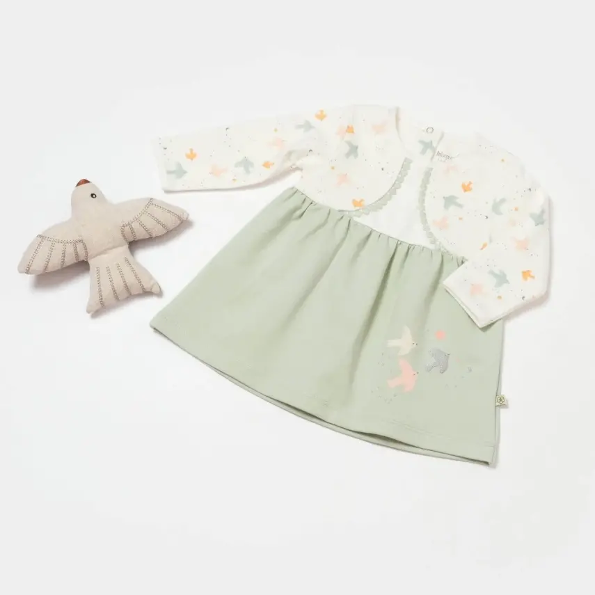 Bibaby Kız Organik Elbise Tiny Birds Ekru - Yeşil - 4