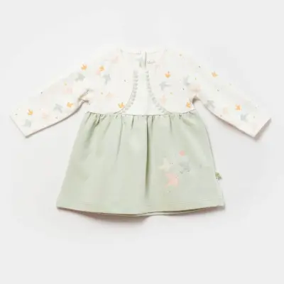 Bibaby Kız Organik Elbise Tiny Birds Ekru - Yeşil