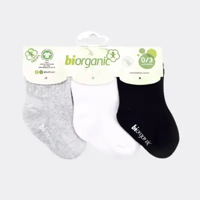 Bibaby Organik Çorap Soket 3lü Basic Kaymaz Gri - Beyaz - Siyah