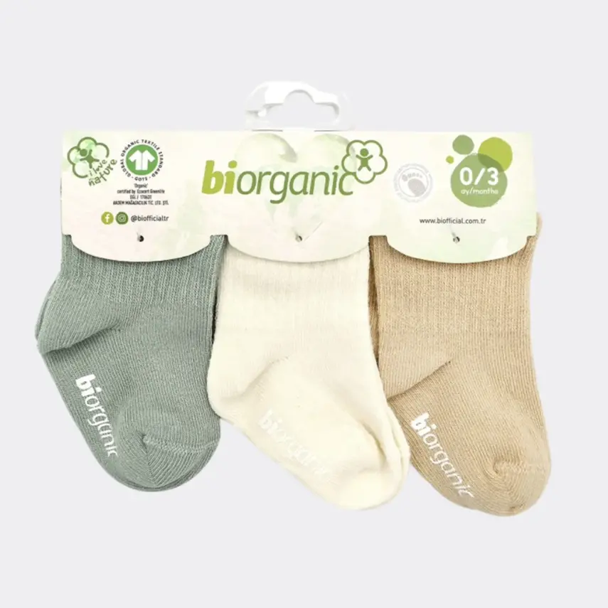 Bibaby Organik Çorap Soket 3lü Basic Kaymaz Nil - Ekru - Bej - 1