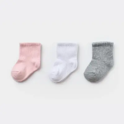 Bibaby Organik Çorap Soket 3lü Kaymaz Basic Gri -Pembe - Beyaz - 2