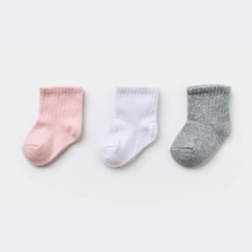 Bibaby Organik Çorap Soket 3lü Kaymaz Basic Gri -Pembe - Beyaz - 2