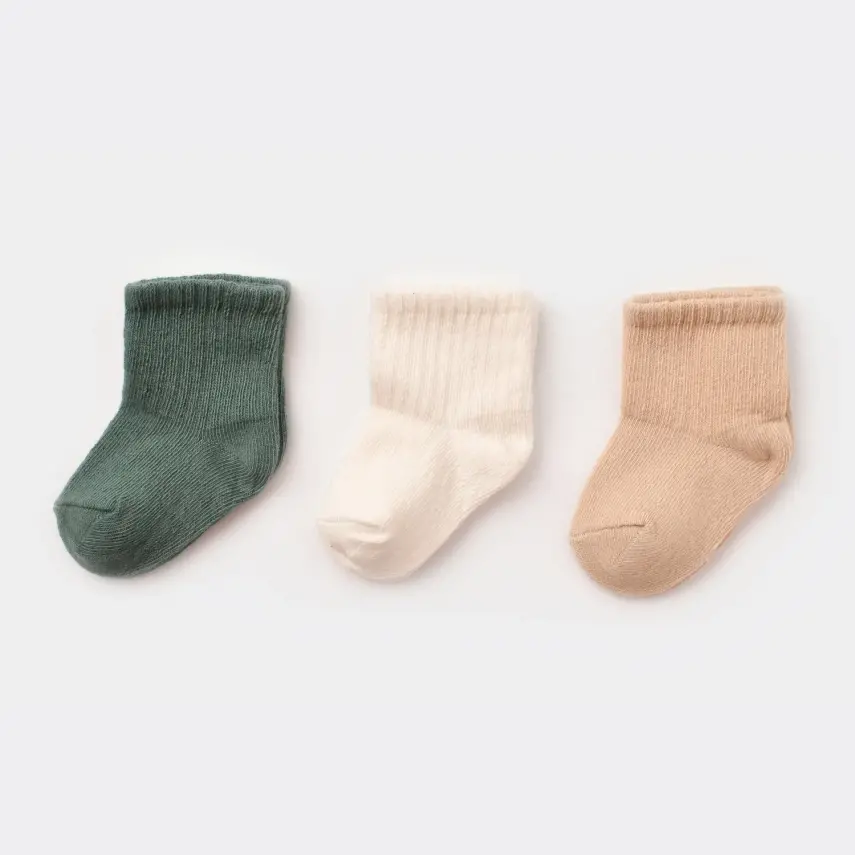 Bibaby Organik Çorap Soket 3lü Kaymaz Basic Taş - Ekru - Yeşil - 2