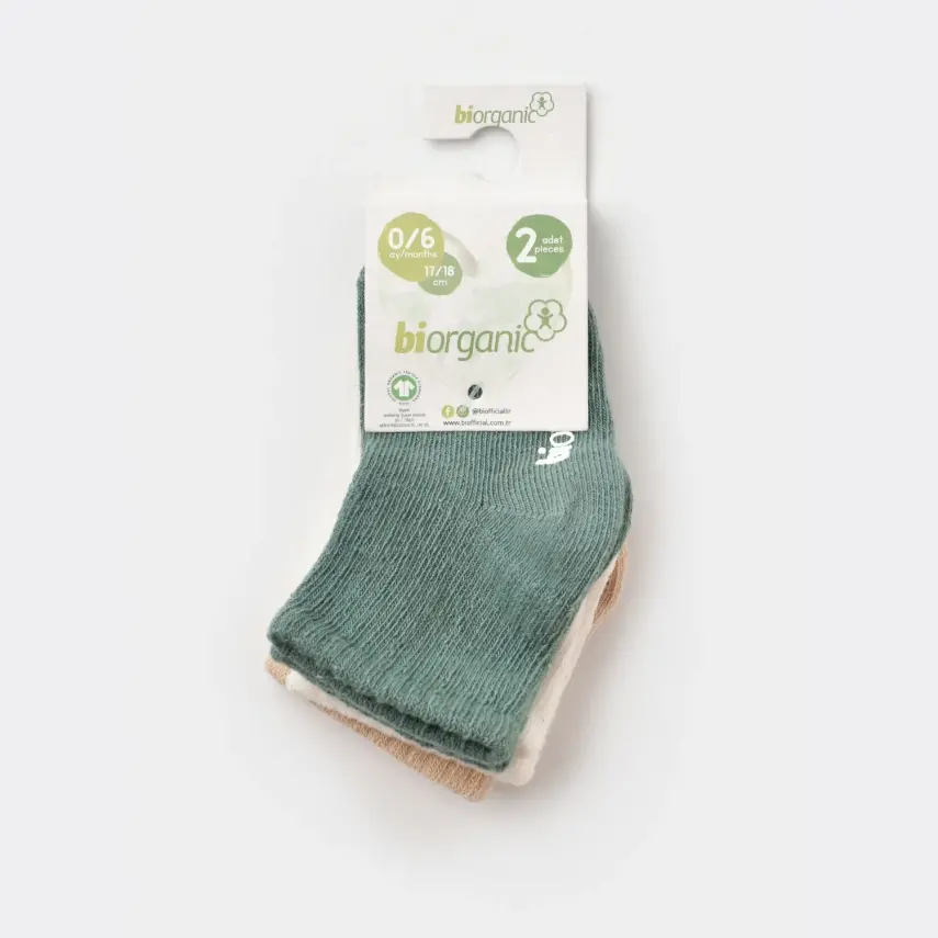 Bibaby Organik Çorap Soket 3lü Kaymaz Basic Taş - Ekru - Yeşil - 1