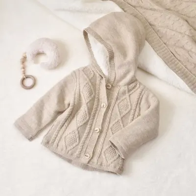 Bibaby Unisex Hırka Triko Desenli Welsoftlu Bej - 7