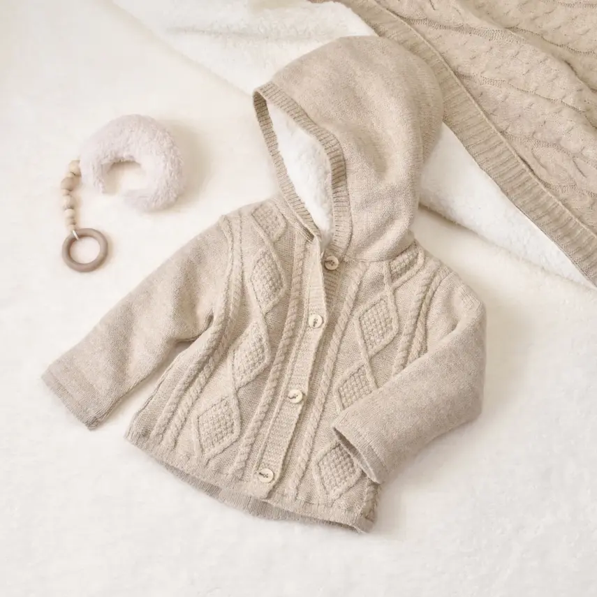 Bibaby Unisex Hırka Triko Desenli Welsoftlu Bej - 7