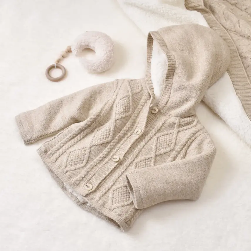 Bibaby Unisex Hırka Triko Desenli Welsoftlu Bej - 2