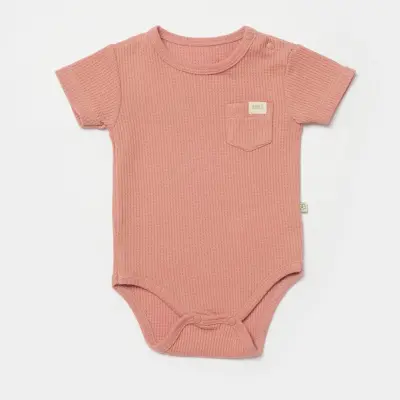 Bibaby Unisex Organik Body Kısa Kol Waffle Smile Kırmızı - Kahverengi