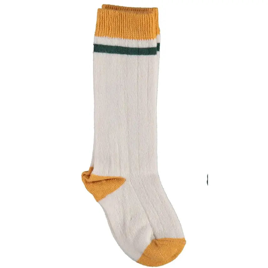 Bibaby Unisex Organik Çorap Dizaltı Çizgili Ekru - Hardal - 1