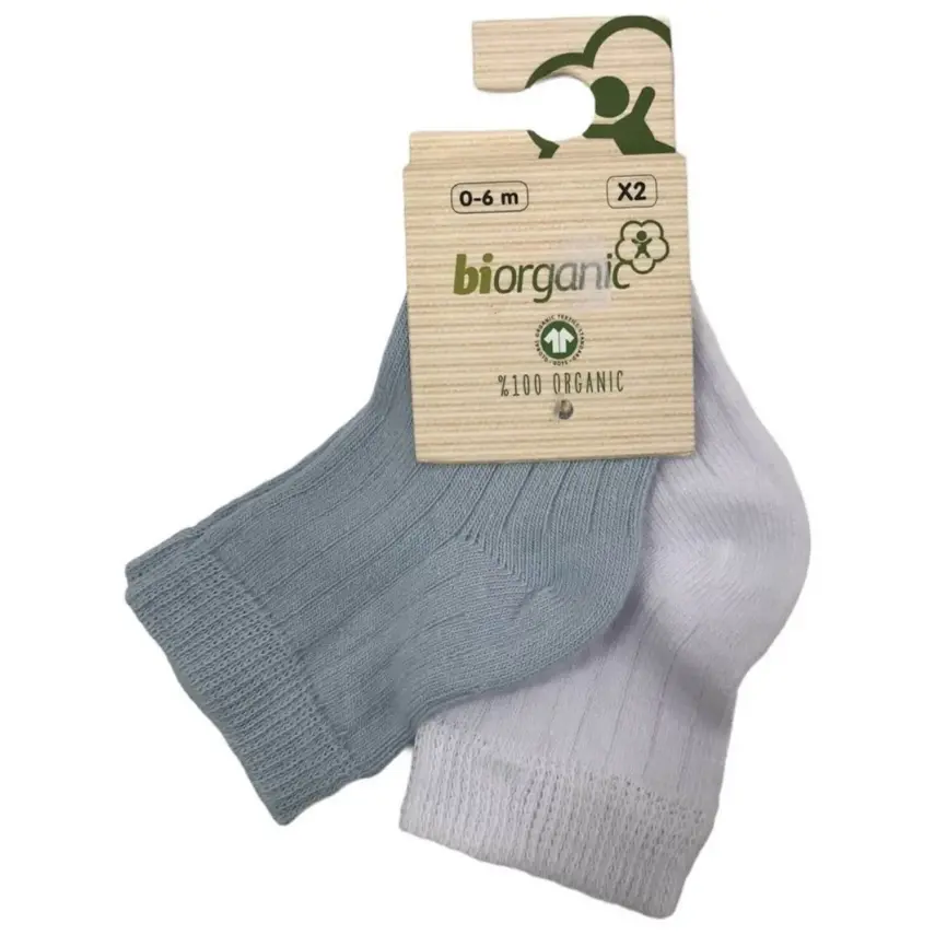 Bibaby Unisex Organik Çorap Soket 2li Basic Desenli Mavi - Beyaz - 1