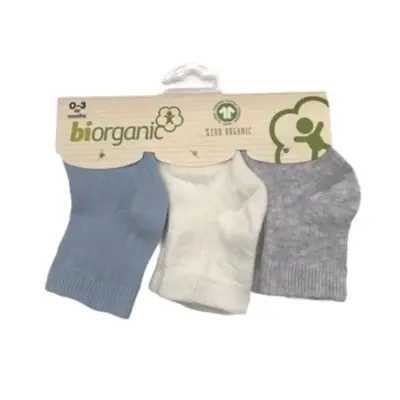 Bibaby Unisex Organik Çorap Soket 3lü Basic Desenli Beyaz - Mavi - Gri 